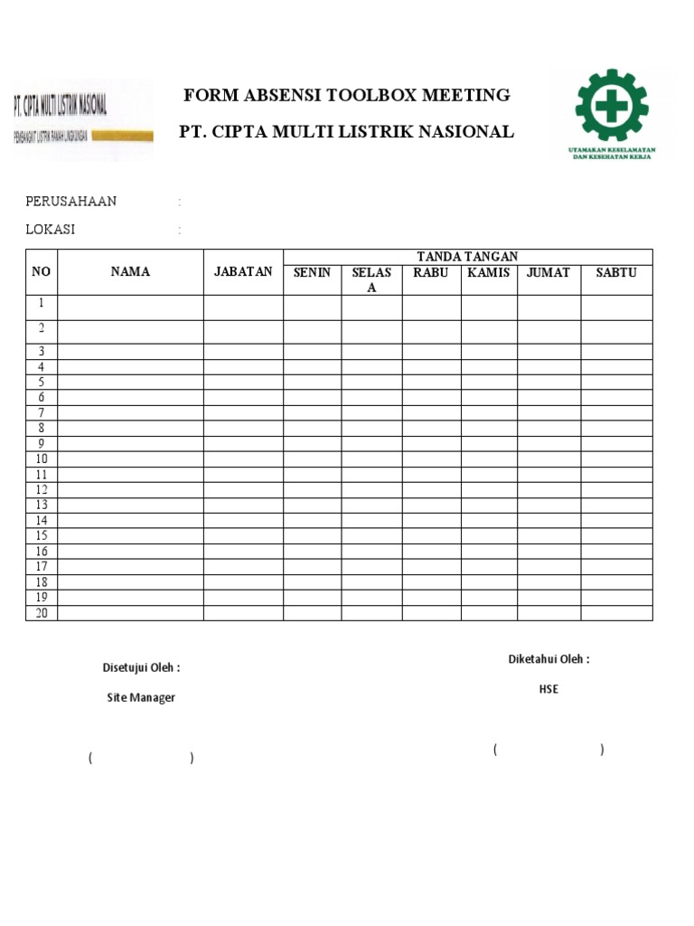 Form Absensi Toolbox Meeting PT Cipta | PDF