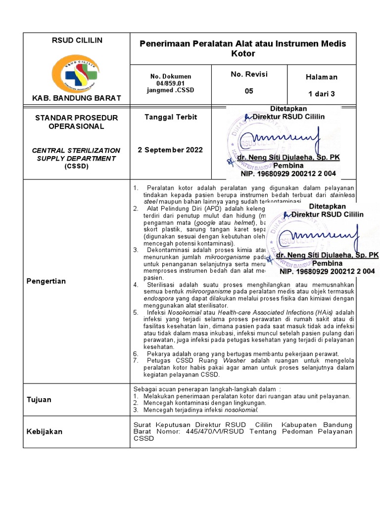 Penerimaan Peralatan Medis Kotor di CSSD | PDF