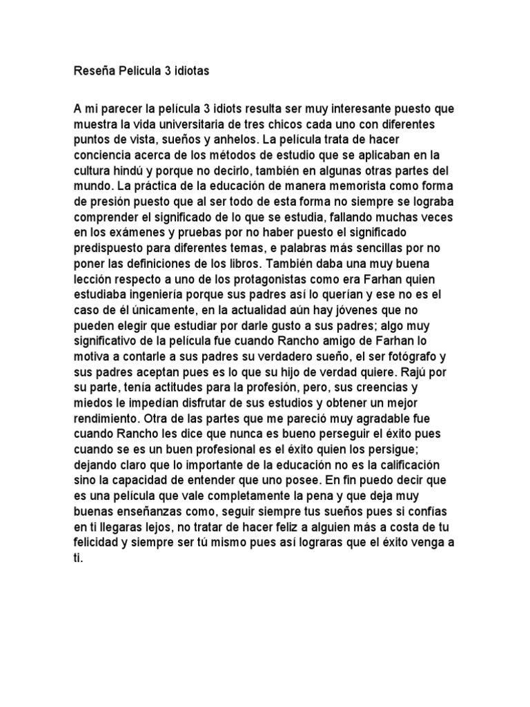 Reseña Pelicula 3 Idiotas | PDF
