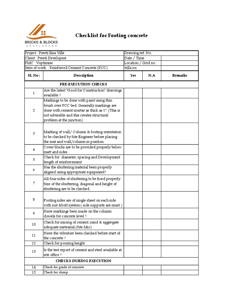 Footing Concrete Checklist for RCC Work | PDF | Concrete | Civil ...