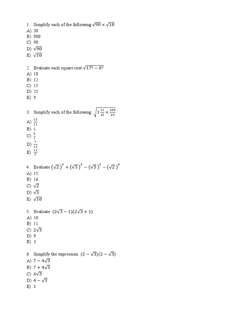 Simplifying Square Roots and Equations | PDF
