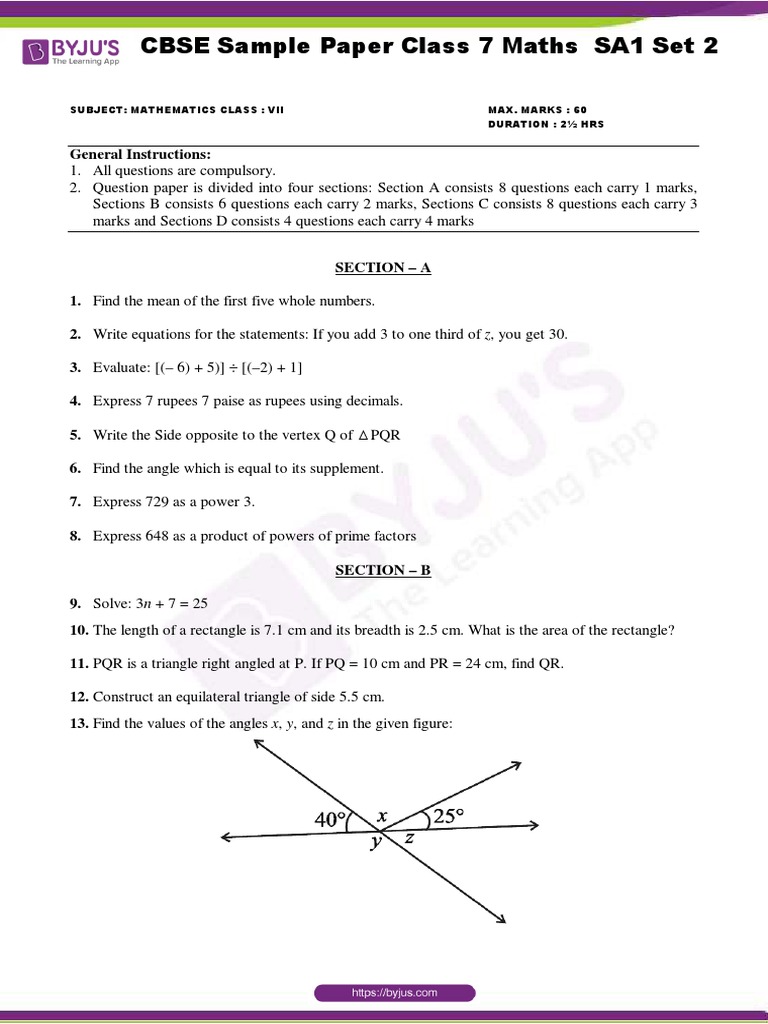 Class 7 Maths SA1 Question Paper | PDF | Triangle | Angle