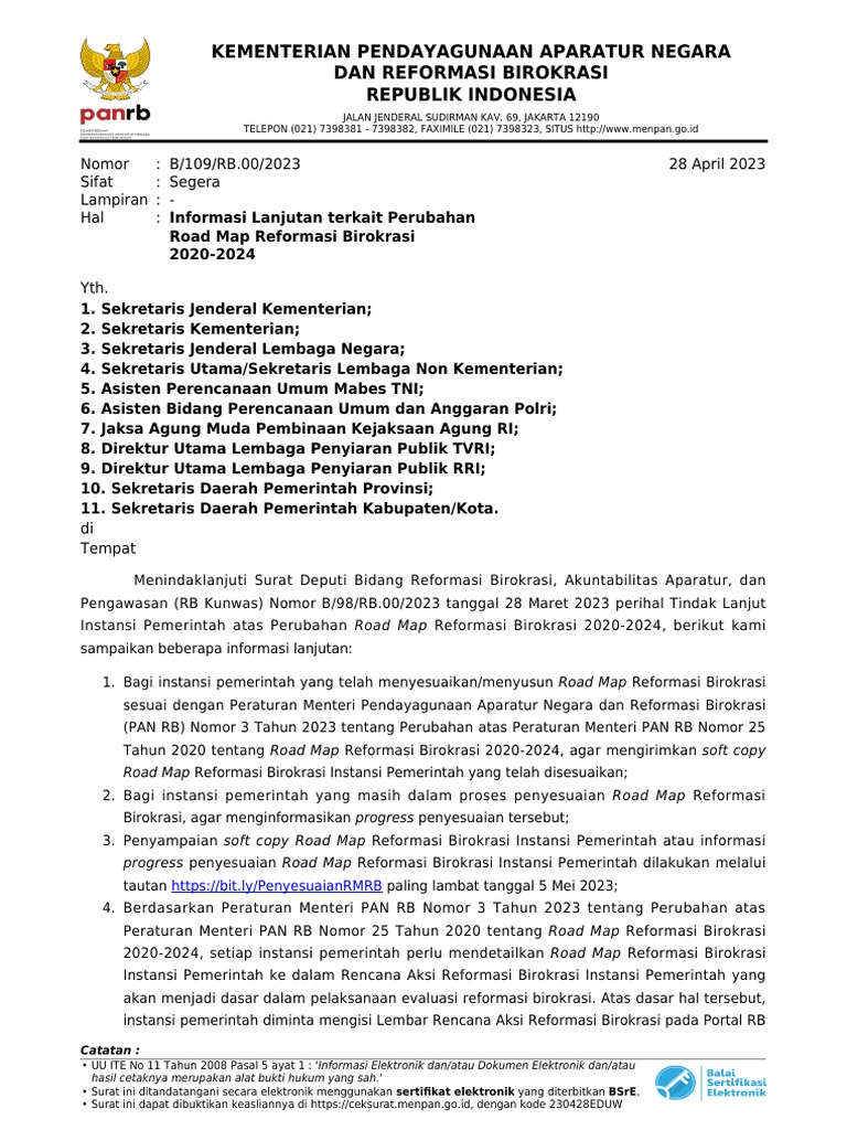 Surat deputi b 109 rb 00 2023 tentang tindak lanjut perubahan road map