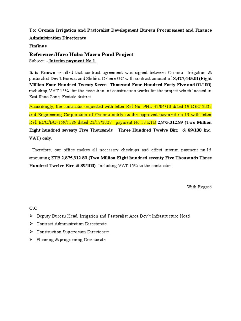 Interim Payments for Irrigation Projects | PDF