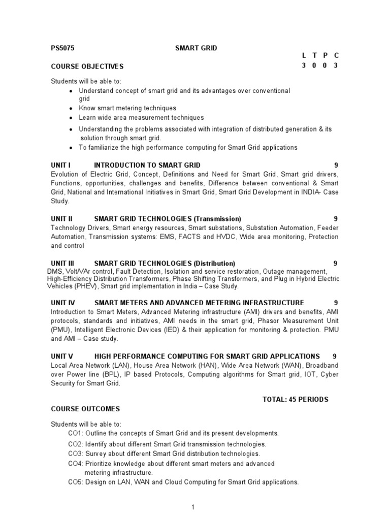 EE3007 Smart Grid Course Syllabus | PDF