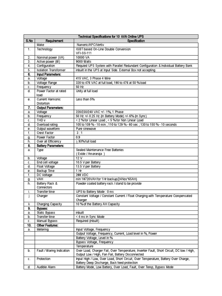 10 kVA Online UPS Technical Specs | PDF | Battery Charger | Alternating ...