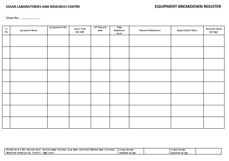 Equipment Breakdown Register Format | PDF | Technology & Engineering