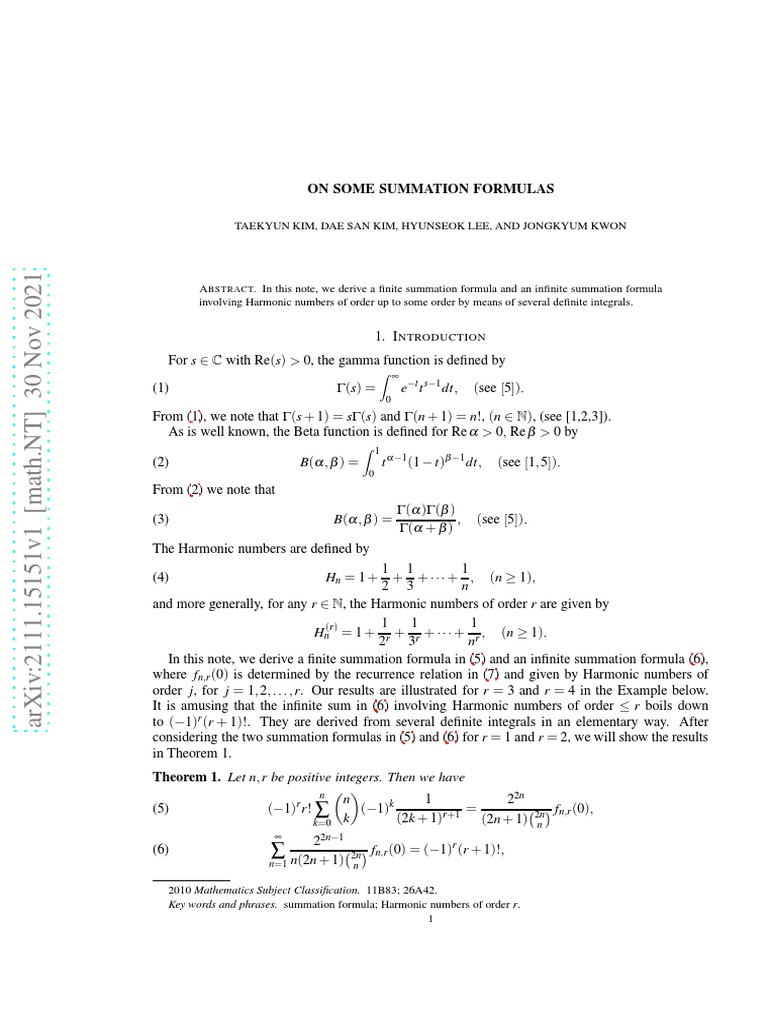 On Some Summation Formulas | PDF