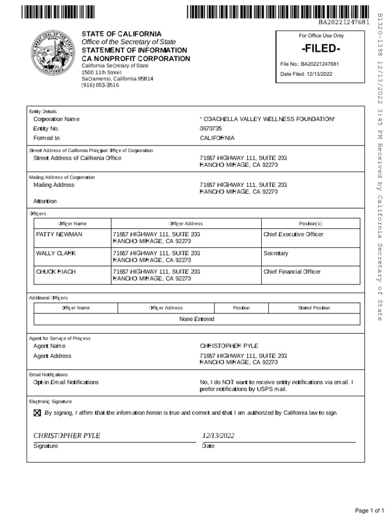 Filed-: State of California Statement of Information Ca Nonprofit ...
