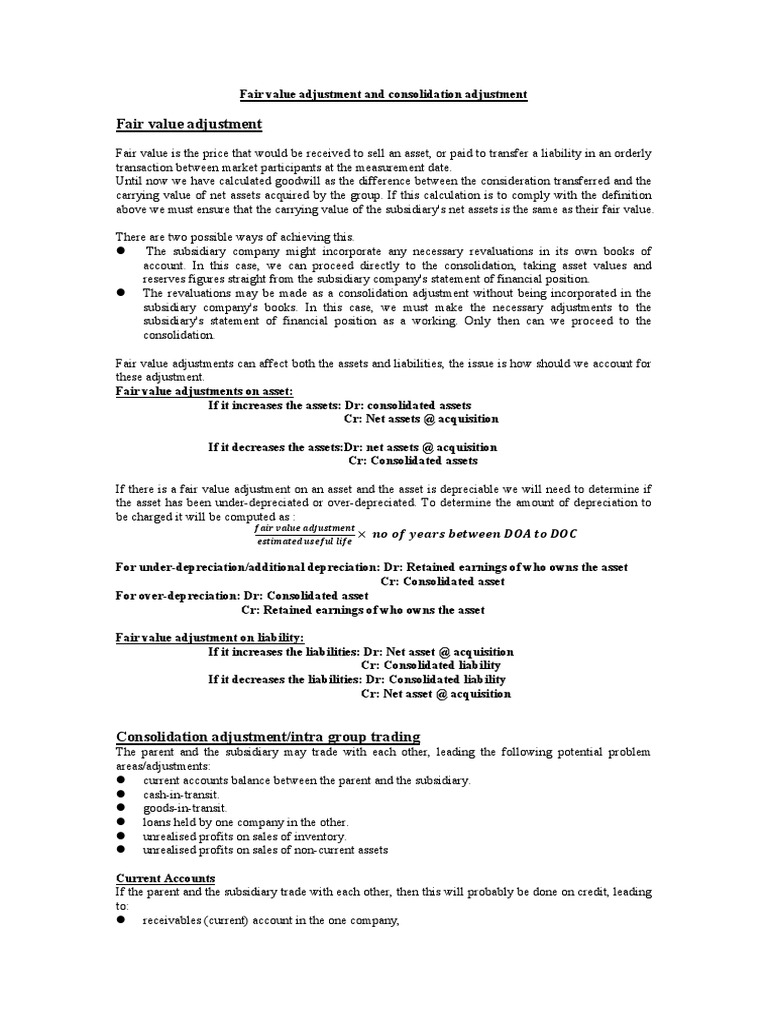 Fair Value Adjustment and Consolidation Adjustment Week 2 PDF