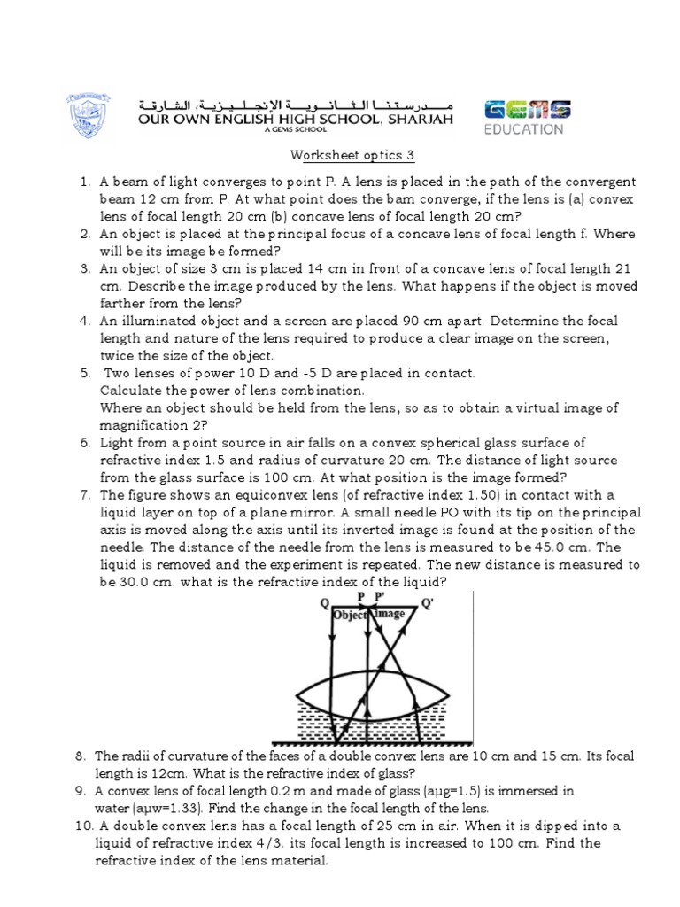 Worksheet Optics 3 PDF