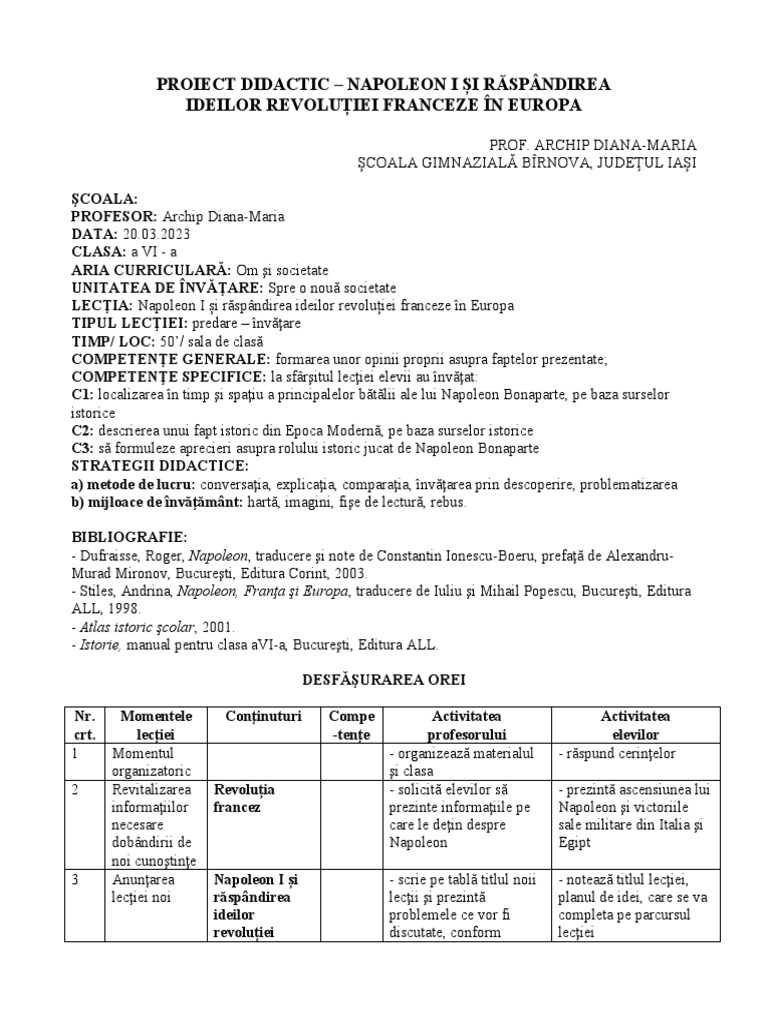 Archip Diana-Maria Proiect Didactic Napoleon I | PDF