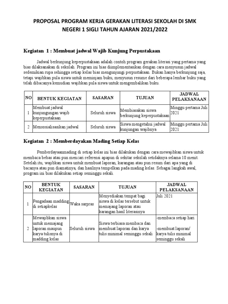 Proposal Program Kerja Literasi Sekolah | PDF