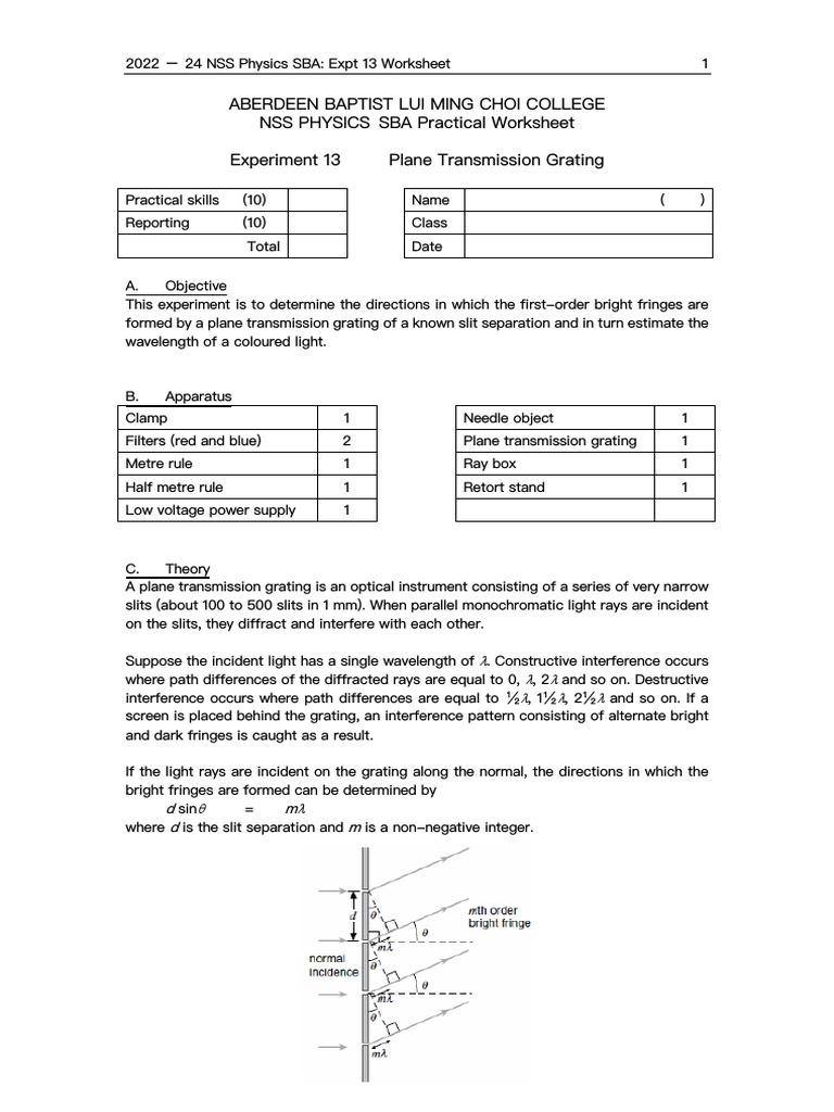 Plane Transmission Grating Experiment | PDF | Wavelength | Diffraction