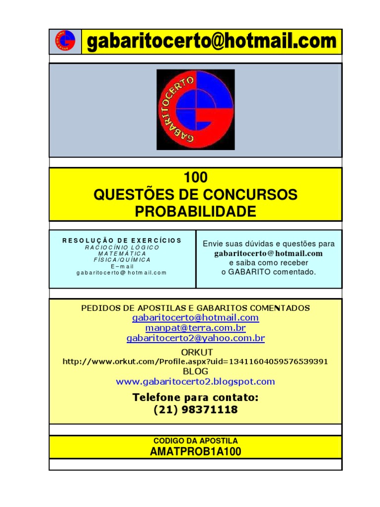Probabilidade 100 Questoes | PDF | Probabilidade | Cartas de baralho