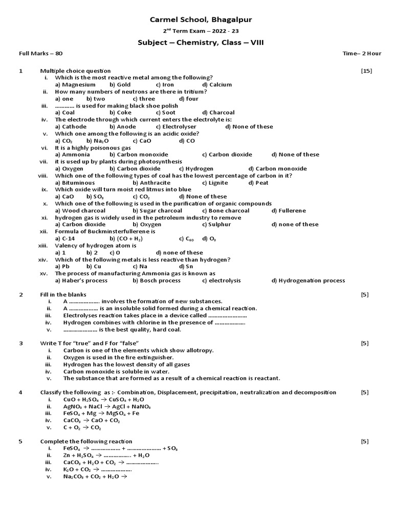 Class 8 Questions Pdf Chemical Reactions Redox