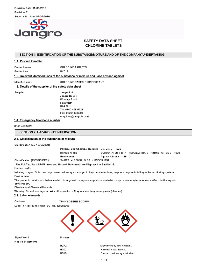 MSDS Klorin (Chlorine) PDF Dangerous Goods Firefighting