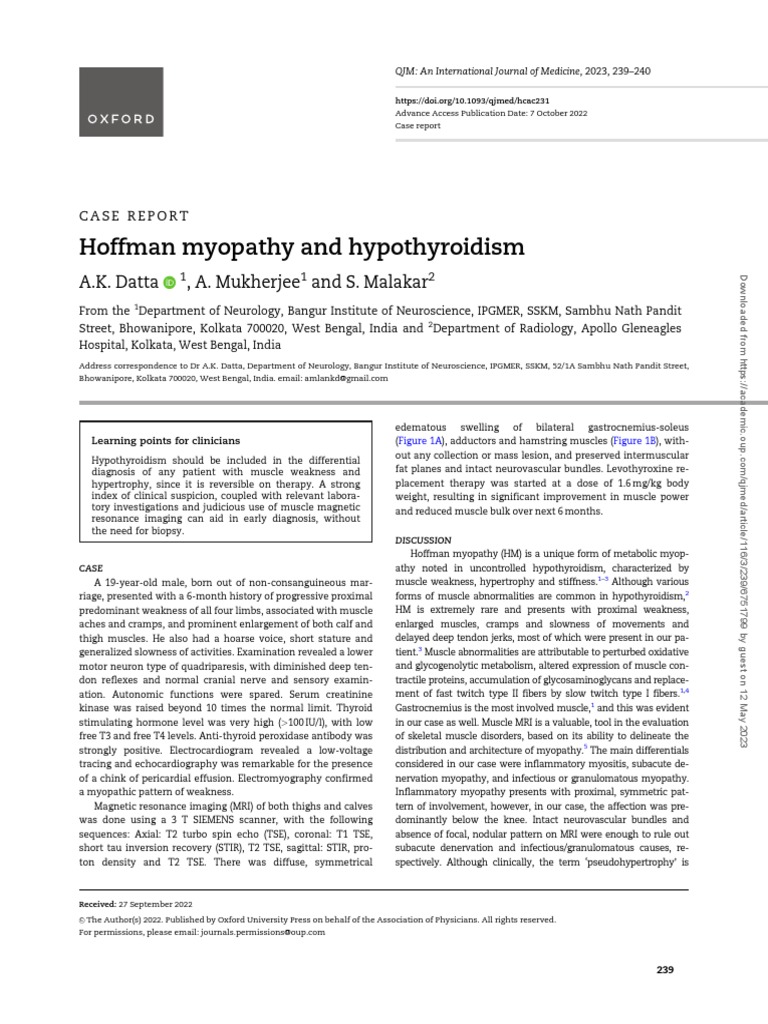 Hoffman Myopathy and Hypothyroidism | PDF | Skeletal Muscle | Weakness