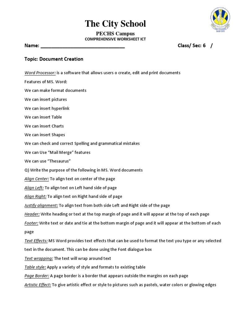 Document Creation Comprehensive Worksheet | PDF | Microsoft Word ...