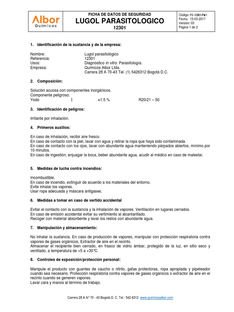 FS Lugol parasitologico ficha de seguridad | PDF | Agua | Materiales