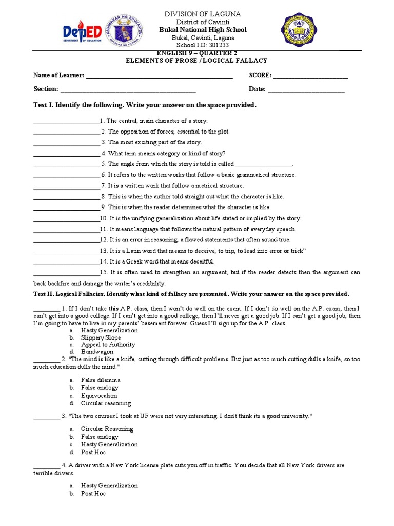G9 Q2 ELEMENTS OF PROSE Logical Fallacy Quiz (No Answer) PDF