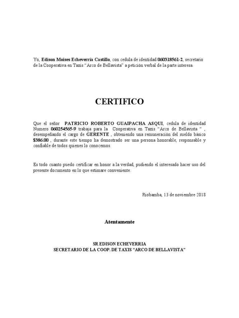 Certificado De Pertenecer A La Cooperativa PDF