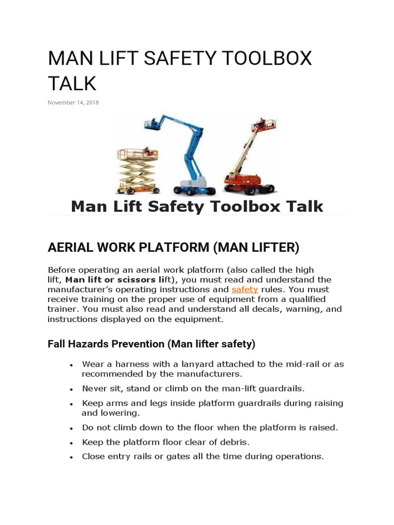 Man Lift Safety Toolbox Talk PDF Elevator Manufactured Goods