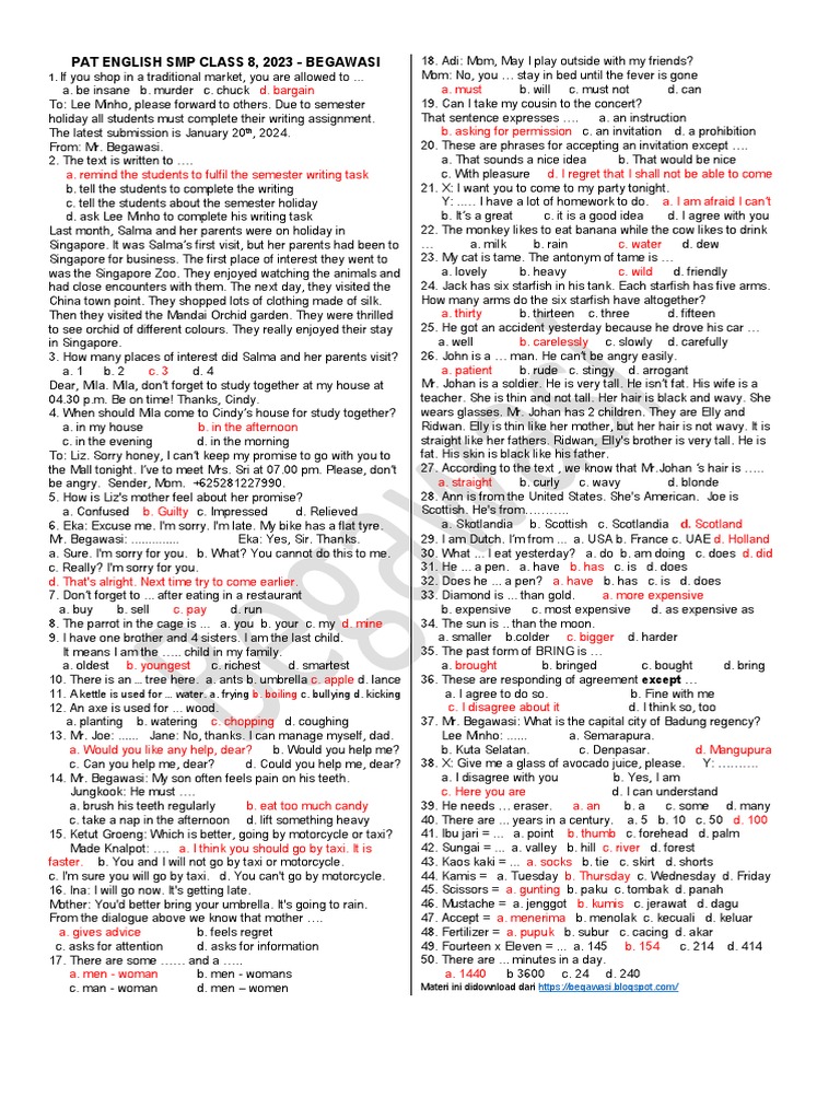 Pat 2023 English Smp Kelas 8 Semester 2 Pdf