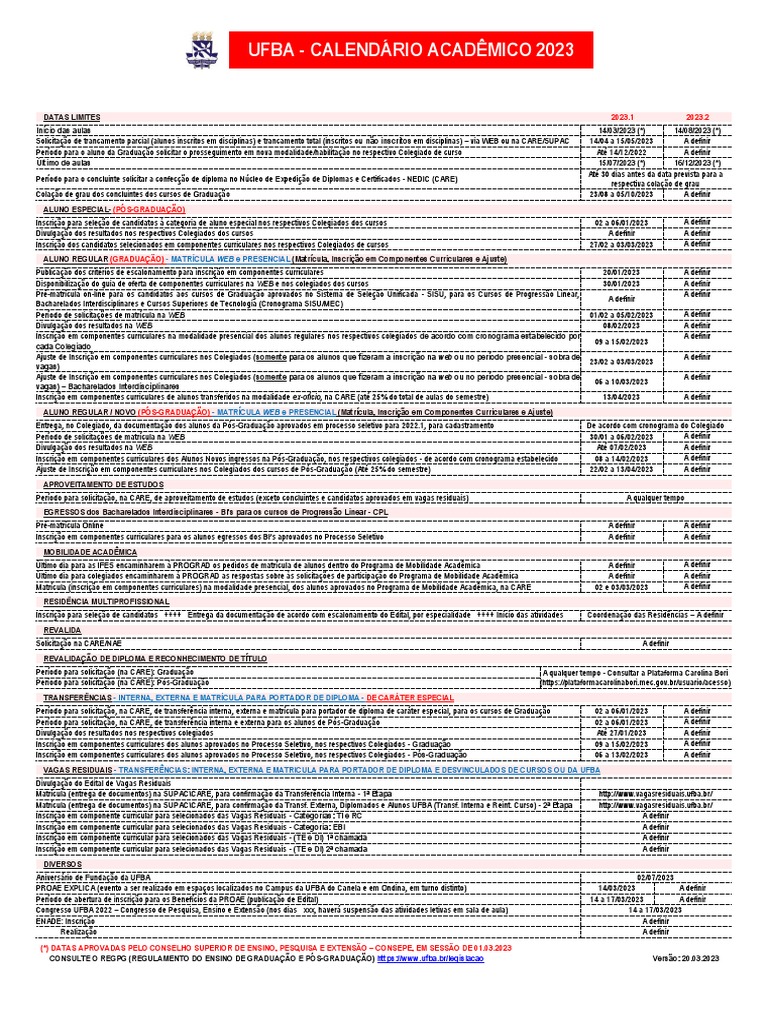 calendario academico 2023.1 ufba PDF Pósgraduação Diploma de