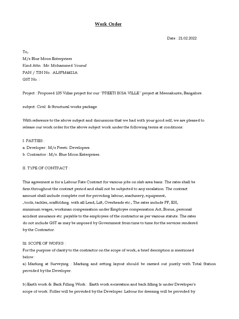 Work Order for Preeti Iksa Ville Project | PDF | Technology & Engineering