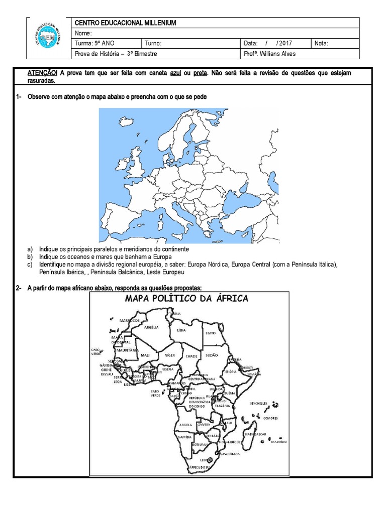 Identifique no mapa mundo político, o continente europeu e os