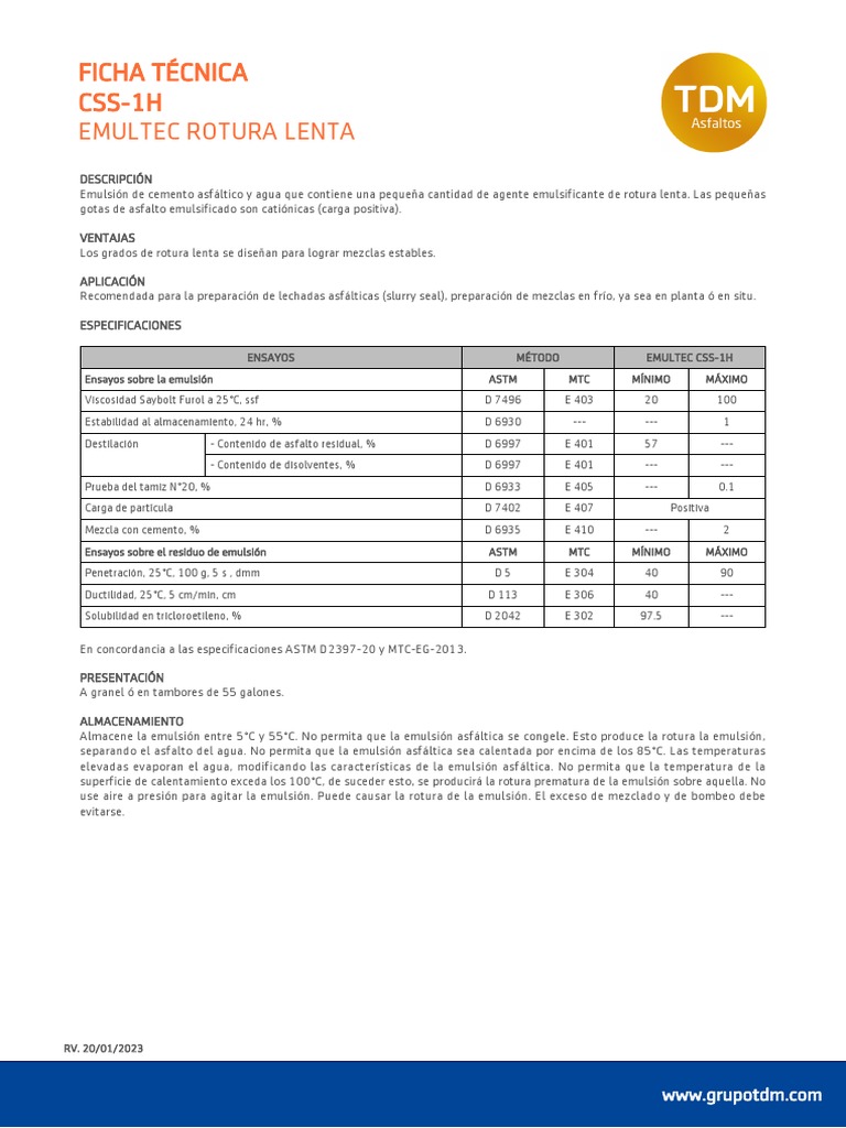 Ficha Técnica Emulsión Asfáltica CSS-1H | PDF | Emulsión | Agua