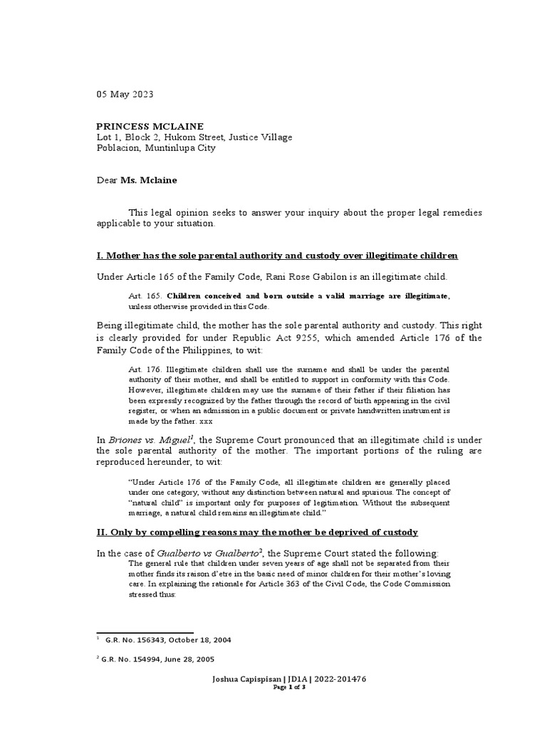 Parental Authority and Custody Rights Over an Illegitimate Child PDF