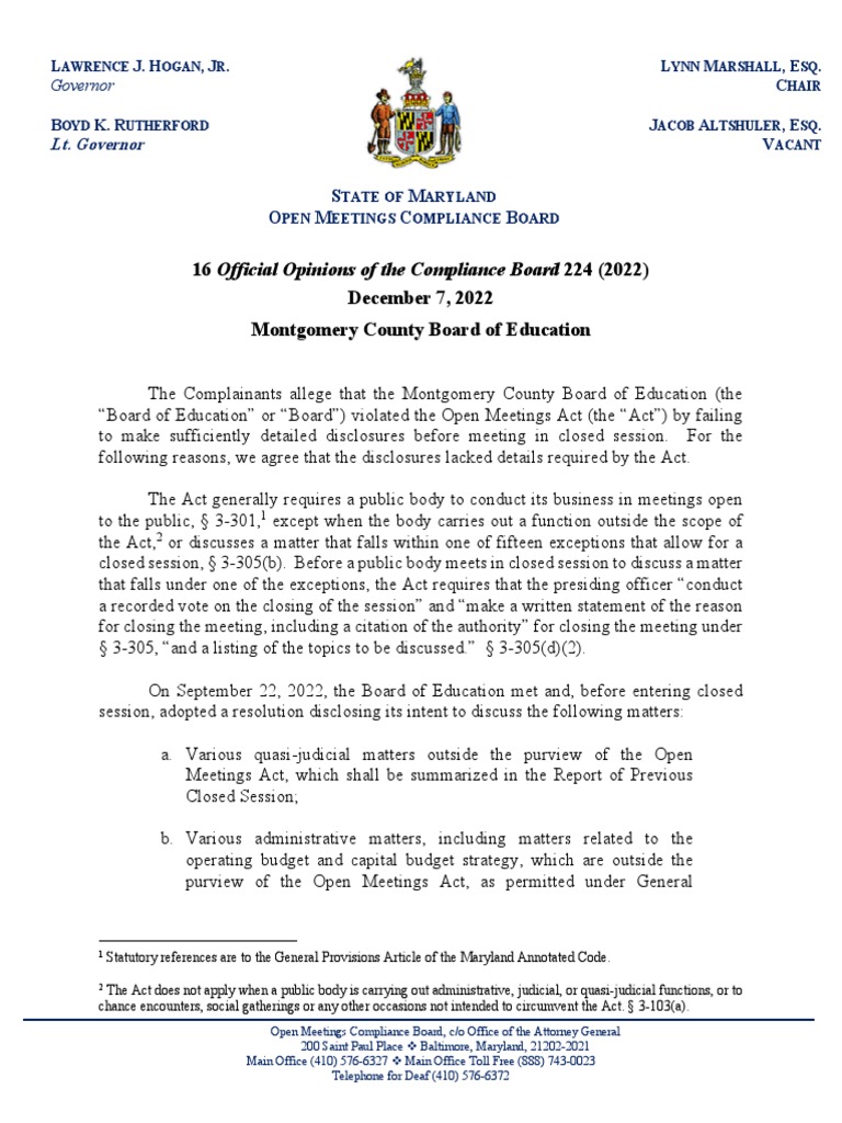 16OMCB224 Montgomery County Board of Education Violates Open Meetings