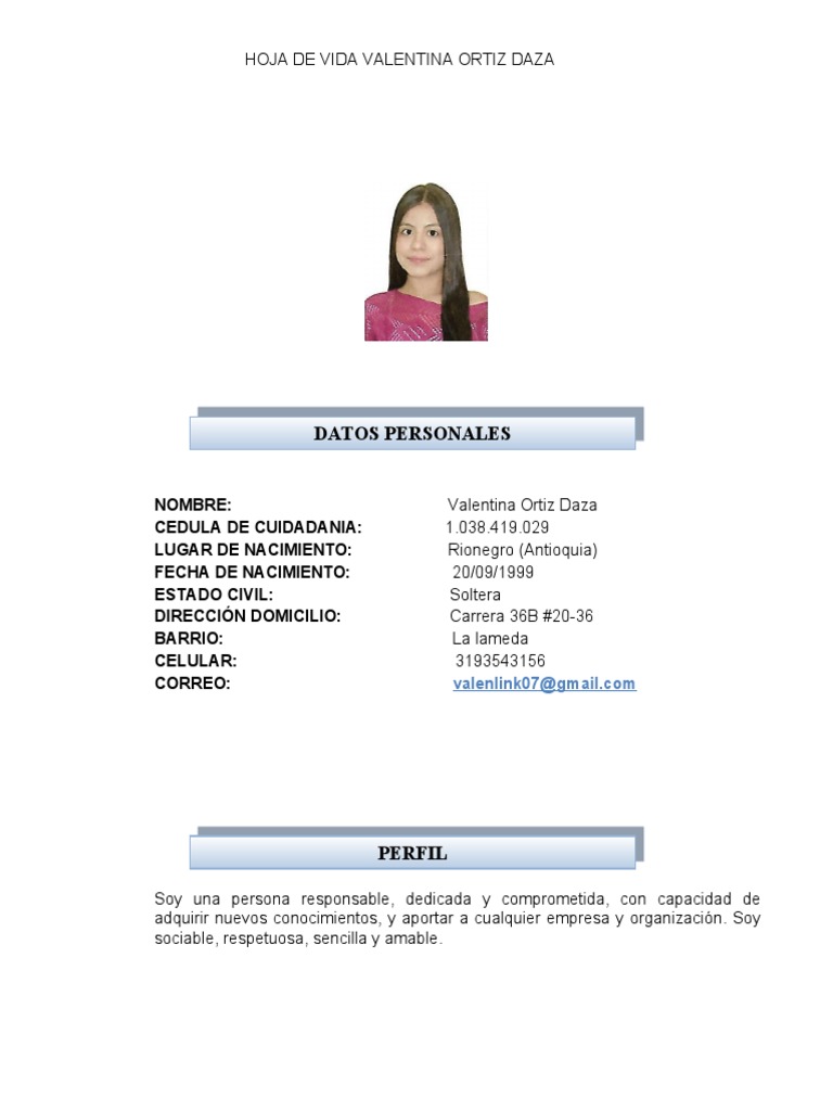 Hoja de Vida Valentina Ortiz Daza | PDF
