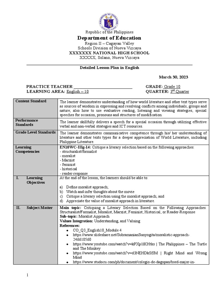 Dlp Feminist Approach Lesson Plan In Grade 10 English Teacher - Free ...