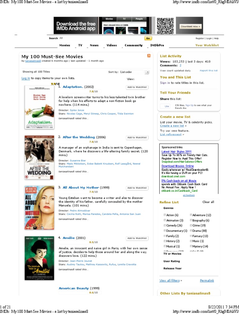 IMDb 100 MustSee Movies Cinema Entertainment (General)