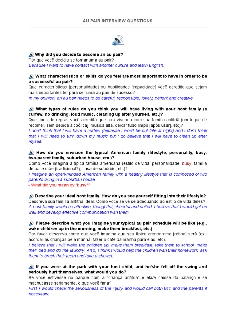 AU PAIR Interview Questions PDF