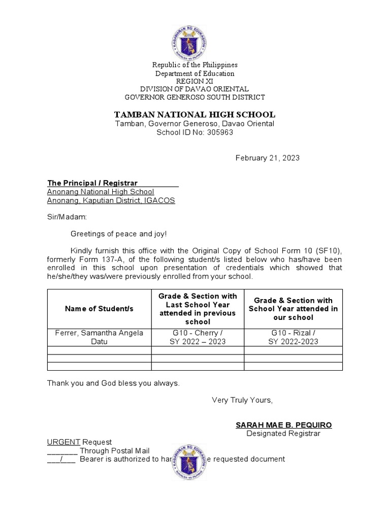 Sf10 request form pdf