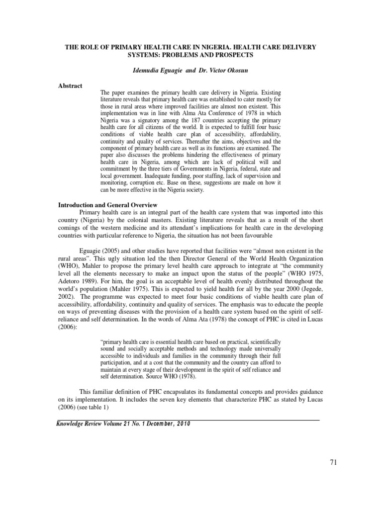 Primary Health Care in Nigeria: Challenges and Roles | PDF | Health ...