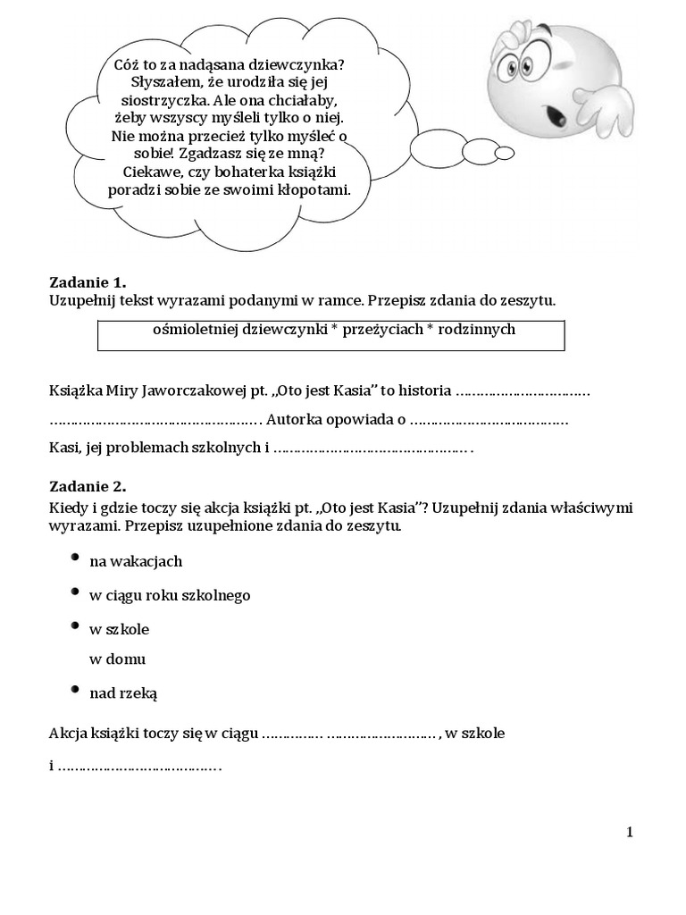 Test Z Lektury Oto Jest Kasia Oto - Jest - Kasia - Karta Pracy 30.03 | PDF