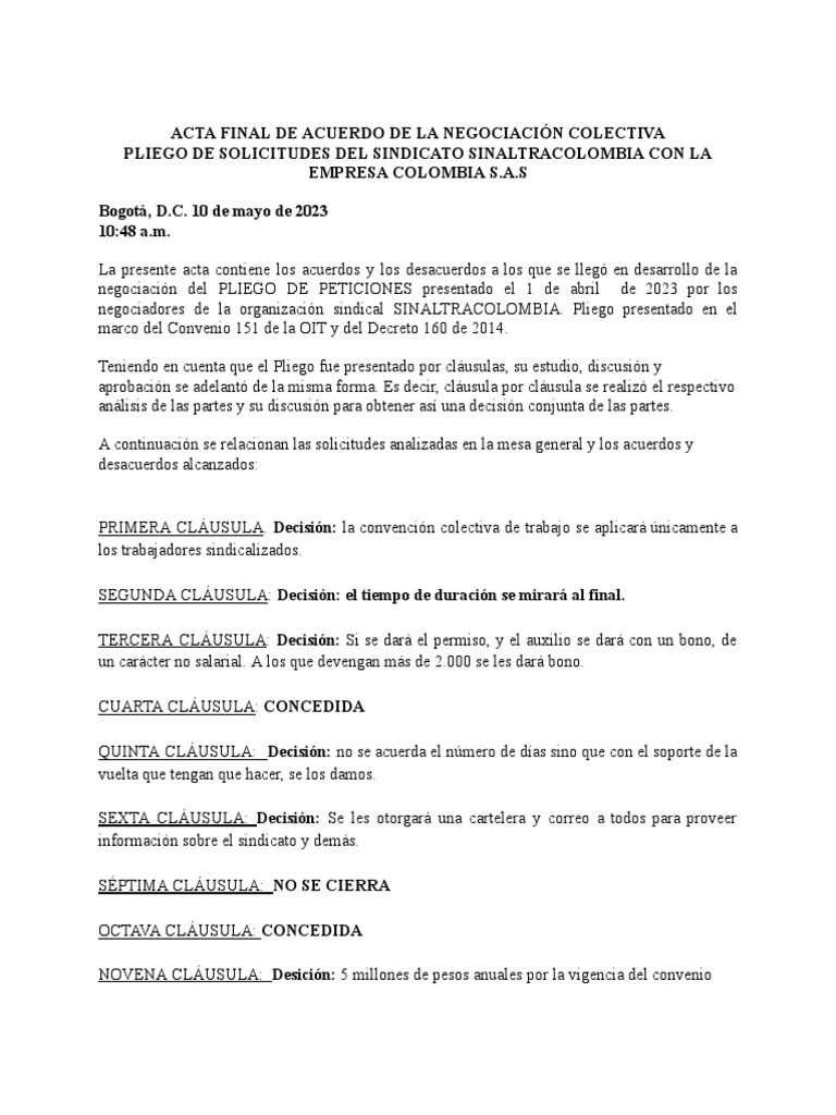 Acta Final de Acuerdo PDF | PDF | Economias | Labor