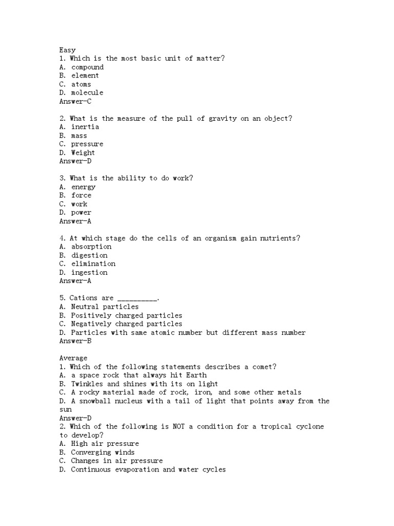 grade 8 quiz bee questions PDF Ion Digestion