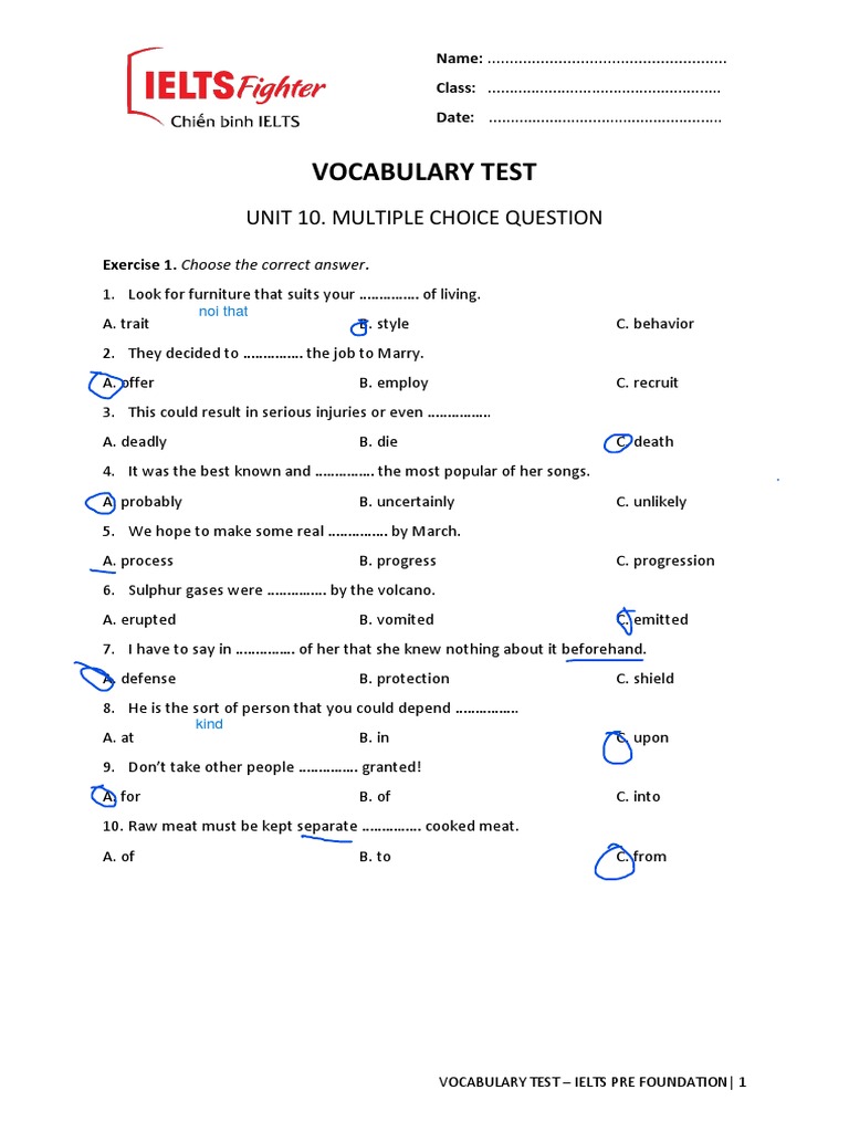 VOCAB TEST 10. UNIT 10. Multiple Choice Question PDF PDF