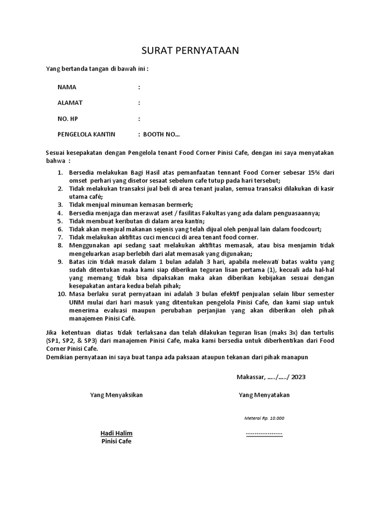 SURAT PERNYATAAN Food Corner PINCAF PDF