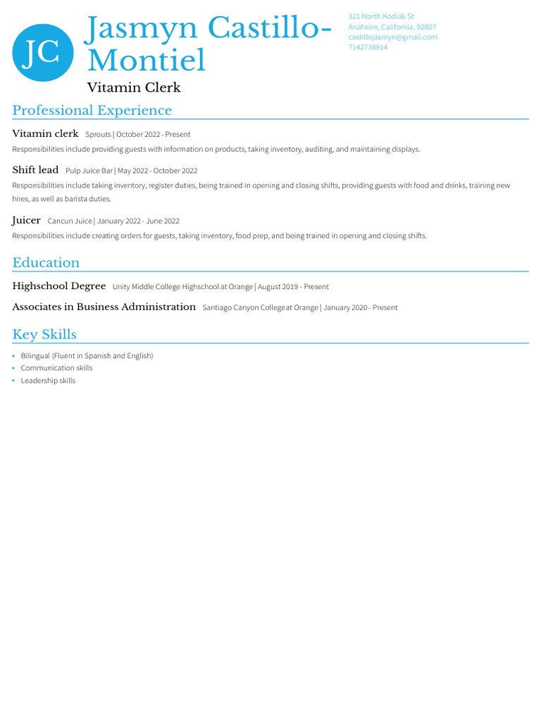 Vitamin Clerk Professional Experience PDF