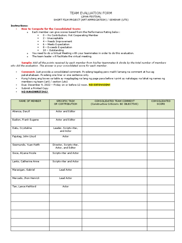 Team Evaluation Form PDF