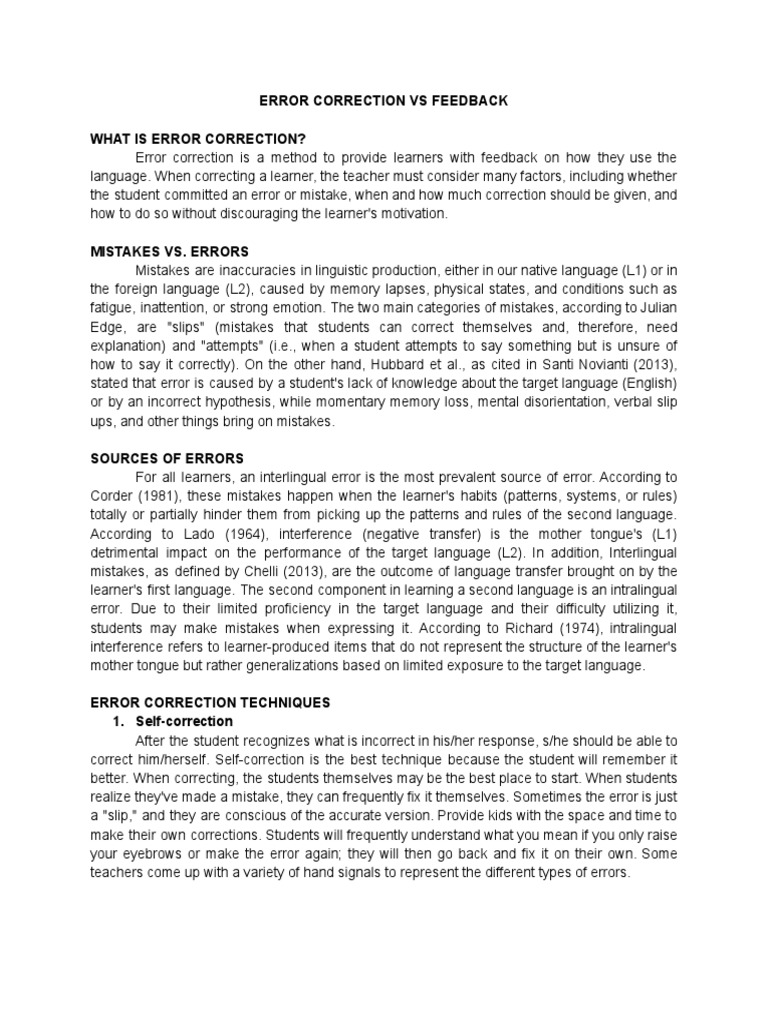 Error Correction vs. Feedback Group 5 Written Report PDF Second Language Learning