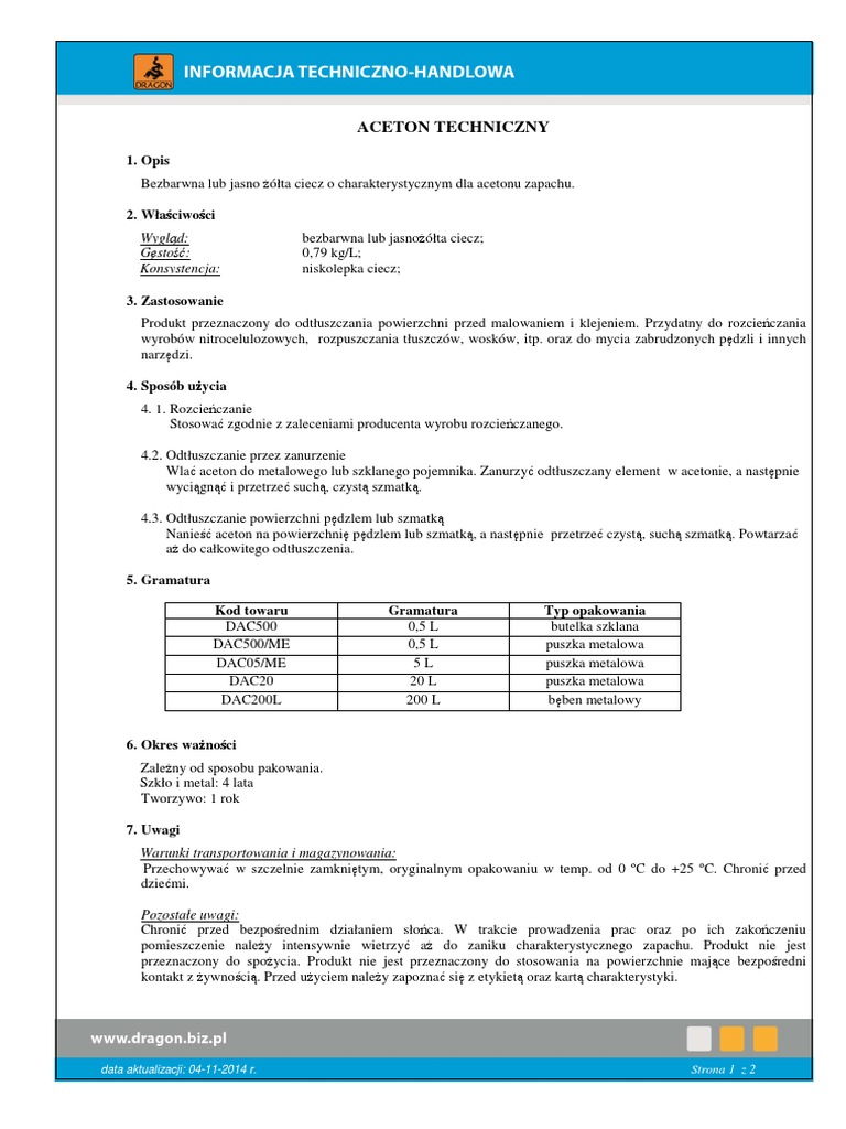 Aceton Karta-Techniczna | PDF