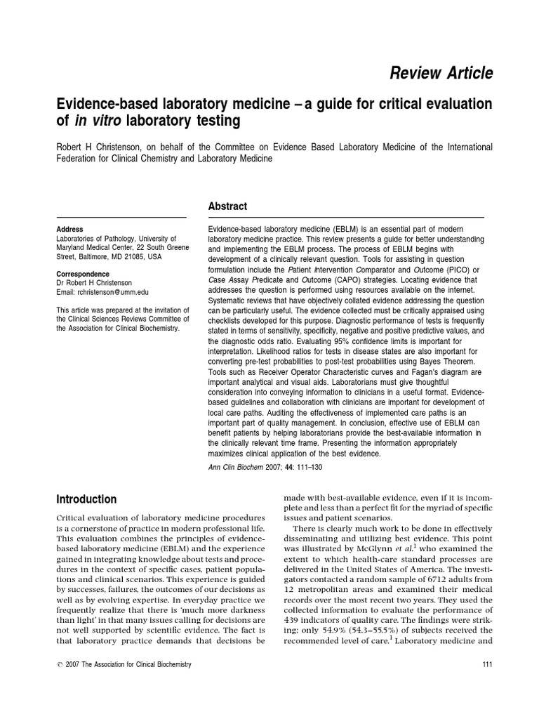 EvidenceBased Laboratory Medicine A Guide For Critical Evaluation of